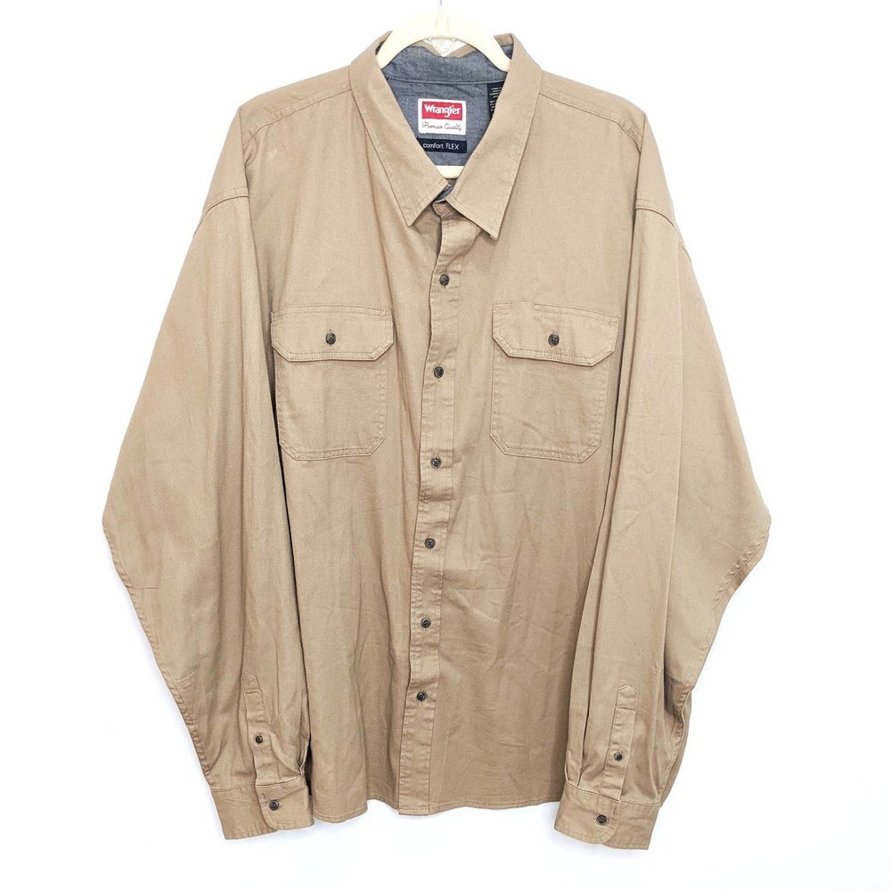 Wrangler Shirt Mens 3XL Comfort Flex Button Up Long Sleeve Tan Beige Cotton